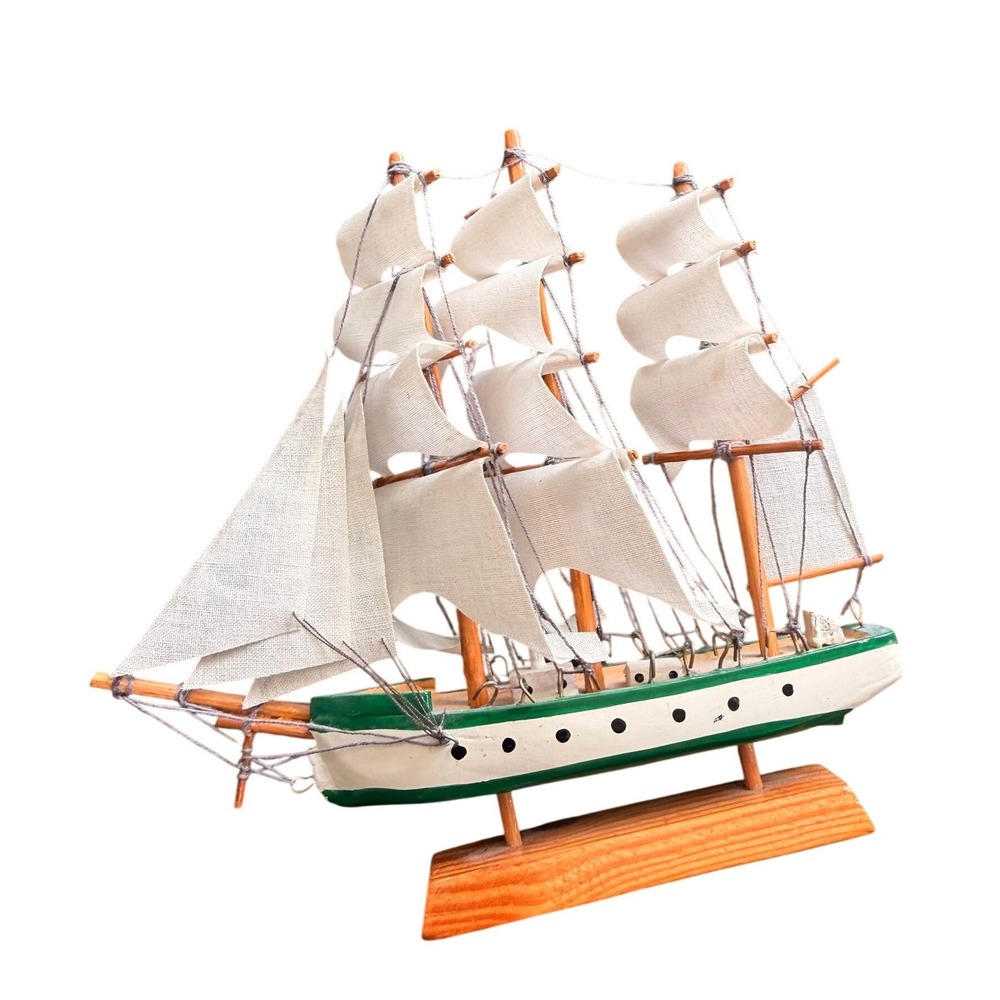Mini Wooden Tall Ship Model 3 Mast Cloth Sails Green Nautical Coastal Decor 7"